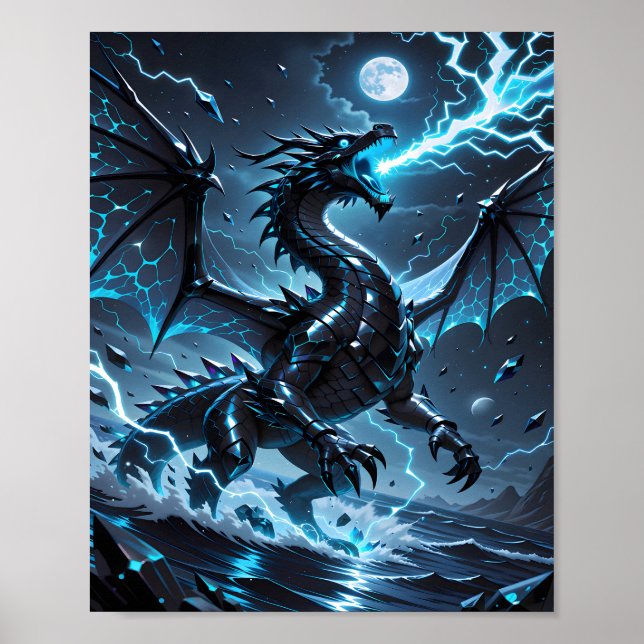 Póster Tormenta de Fantasía del Dragón Negro con Relámpag (Frente)