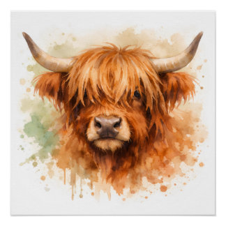 Póster Toro de las Tierras Altas - Animales en Acuarela