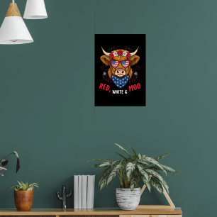 Póster Toro Highland Rojo Blanco y Moo 4 de Julio 250 Año