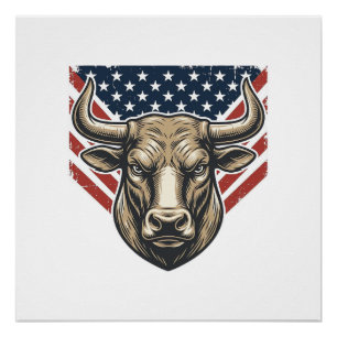 Póster Toro Patriótico Cabeza Grabado Vintage Arte Vector