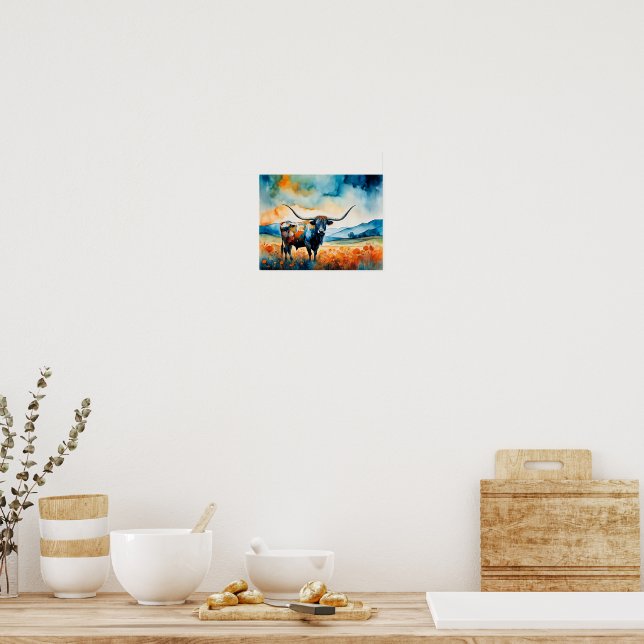 Póster Toros Longhorn en una pradera (Cocina)