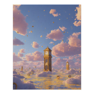 Póster Torre de Arte de Fantasía de Cielo Rosa Soñador