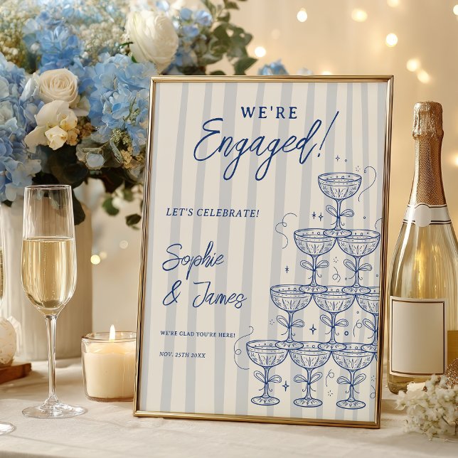Póster Torre de champán azul compromiso boda bienvenida (Blue Champagne Tower Engagement Wedding Welcome Poster)