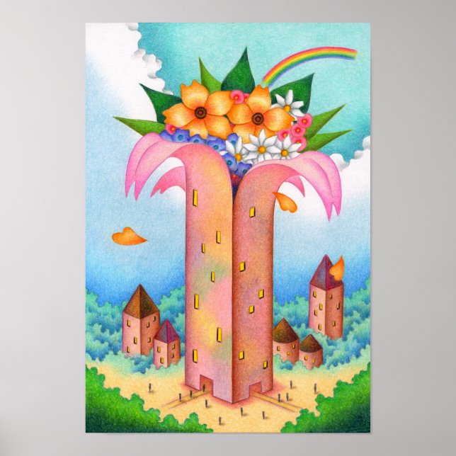 Póster Torre de flores floreciendo en el cielo. (Frente)