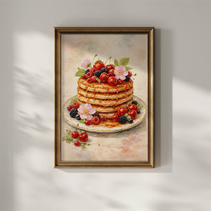 Póster Torre de Panqueques Vintage con Frutas del Bosque