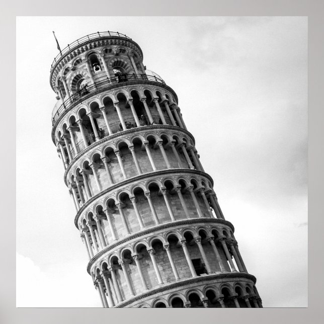 Póster Torre de Pisa Italia de inclinación blanca y negra (Frente)