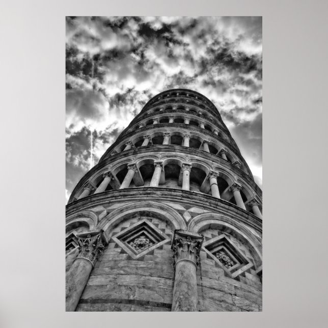 Póster Torre de Pisa Italia de inclinación blanca y negra (Frente)