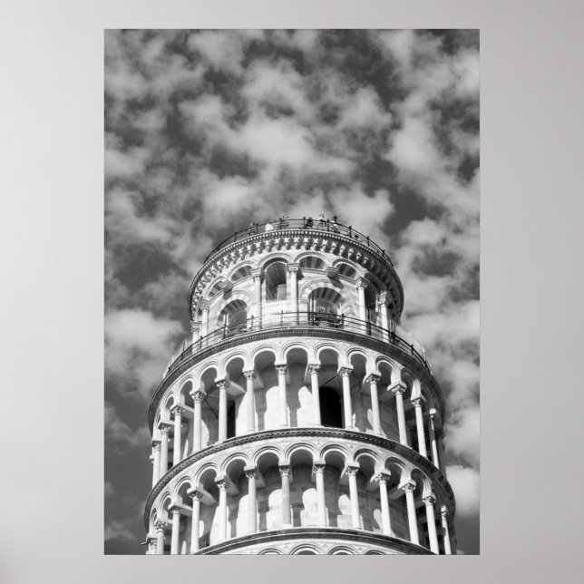 Póster Torre de Pisa Italia de inclinación blanca y negra (Frente)
