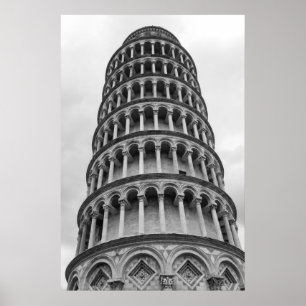Póster Torre de Pisa Italia de inclinación blanca y negra