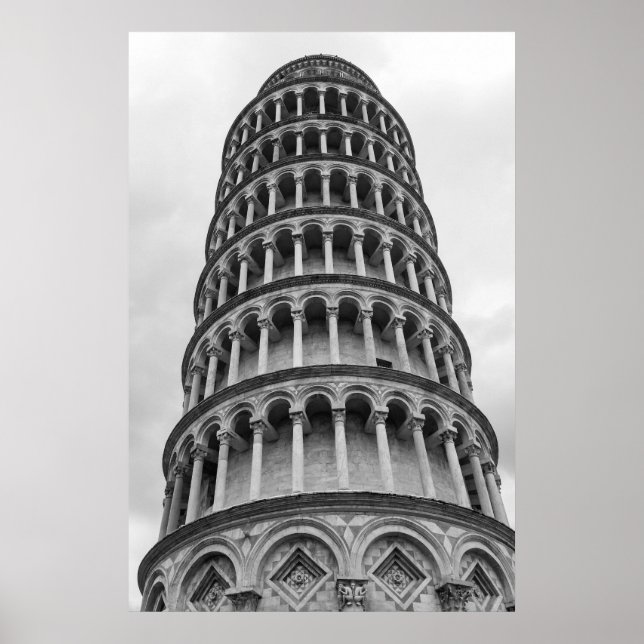 Póster Torre de Pisa Italia de inclinación blanca y negra (Frente)