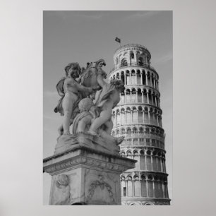 Póster Torre de Pisa Italia de inclinación blanca y negra