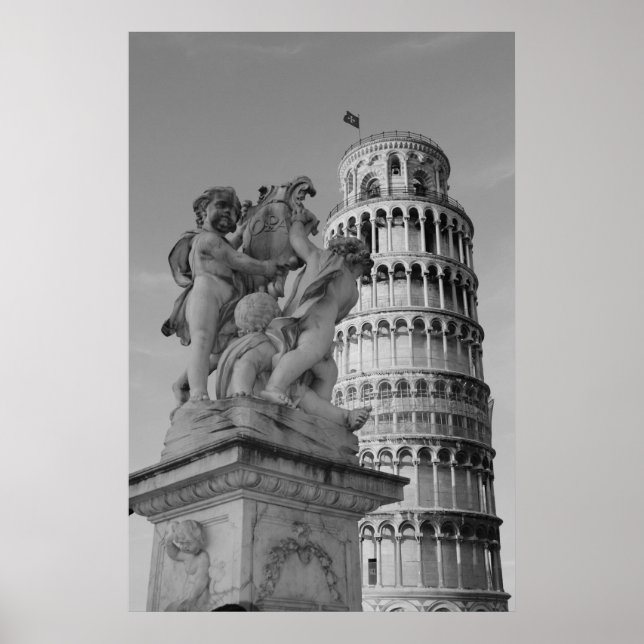 Póster Torre de Pisa Italia de inclinación blanca y negra (Frente)