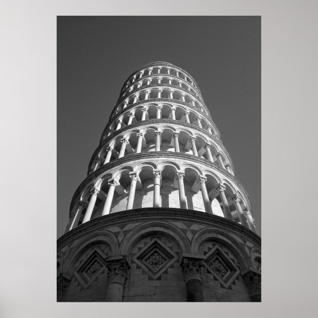 Póster Torre de Pisa Italia de inclinación blanca y negra (Frente)