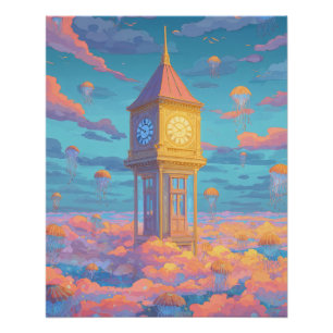 Póster Torre del Reloj Dorado Cielo Pastel Arte de Fantas