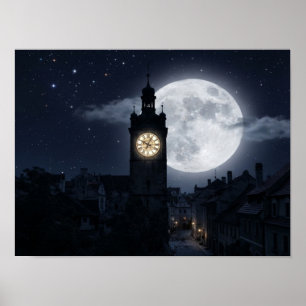 Póster Torre del reloj gótico bajo una luna llena gigante