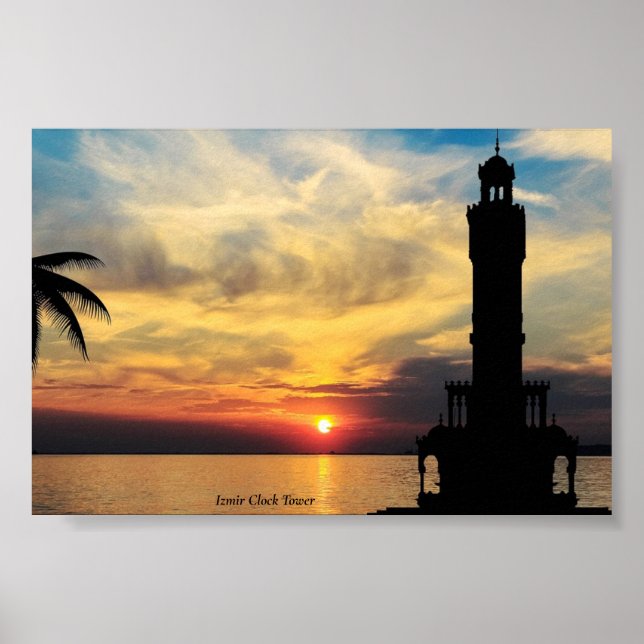 Póster Torre del Reloj Izmir, Turquía del atardecer (Frente)