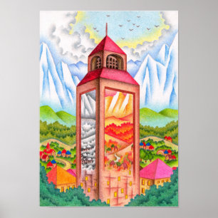 Póster Torre del reloj que encarna las cuatro estaciones.