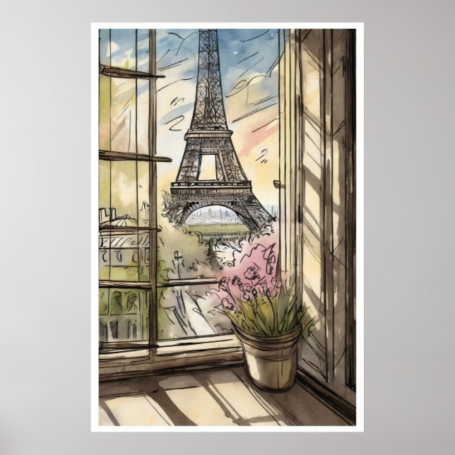 Póster Torre Eiffel a través de un Poster de ventana (Frente)