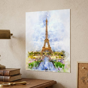 Póster Torre Eiffel al atardecer París acuarela francesa