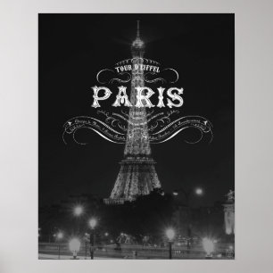 Póster Torre Eiffel blanco y negro del poster del viaje