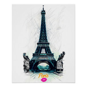 Póster Torre Eiffel Boceto Impreso, Dibujo de Línea, Parí