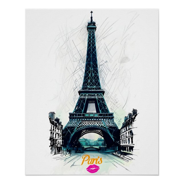 Póster Torre Eiffel Boceto Impreso, Dibujo de Línea, Parí (Anverso)