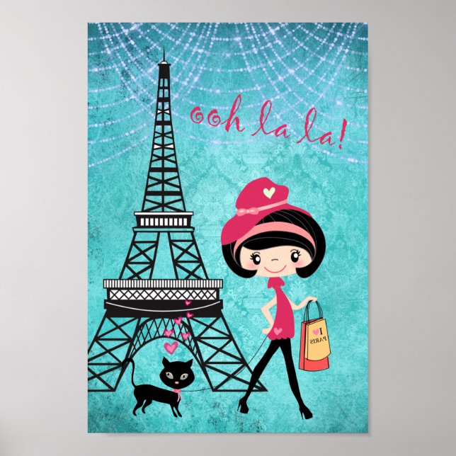 Póster Torre Eiffel Chica de París y Damasco azul Cat (Frente)