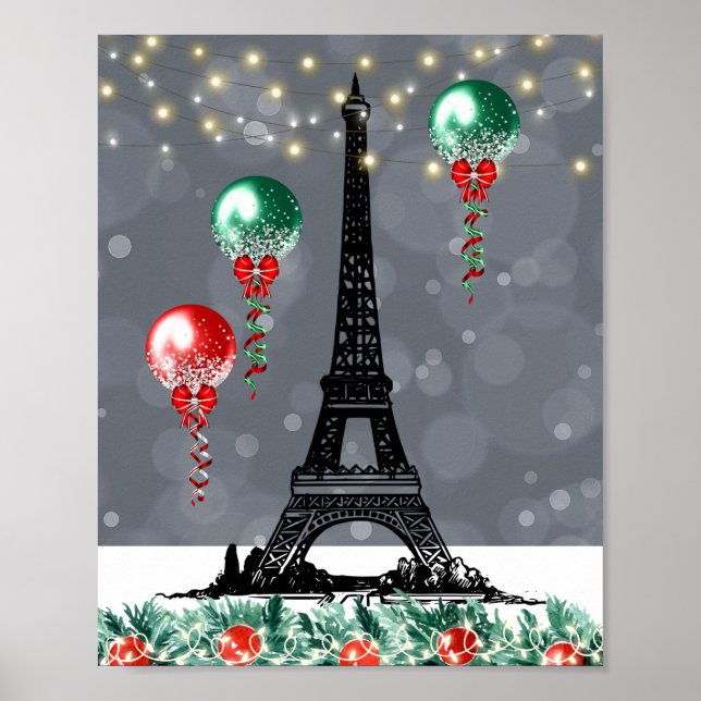 Póster Torre Eiffel de Invierno, globos Navidades por noc (Frente)