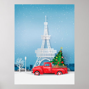 Póster Torre Eiffel de París Camión Rojo Navidad