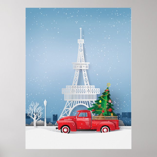 Póster Torre Eiffel de París Camión Rojo Navidad (Frente)