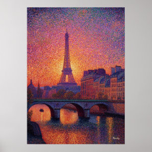 Póster Torre Eiffel de París Pointillismo Atardecer Paisa
