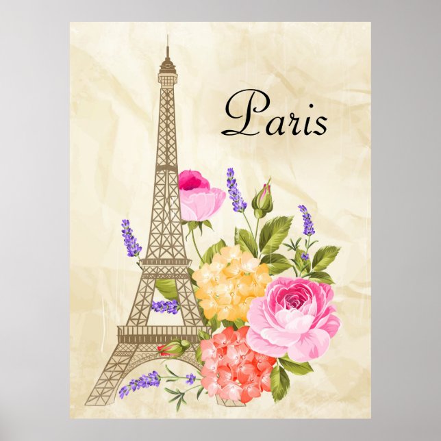 Póster Torre Eiffel de París y flores (Frente)