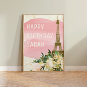 Póster Torre Eiffel de purpurina de oro rosa Feliz Cumple