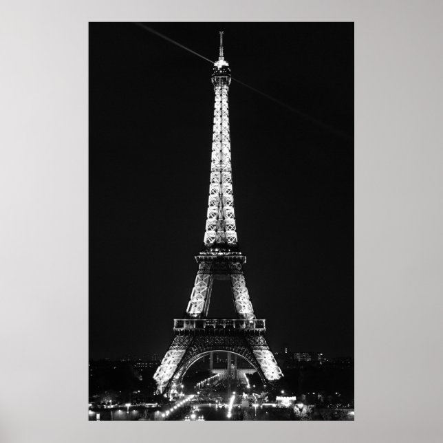 Póster Torre Eiffel en Blanco y Negro en la Noche de Parí (Frente)