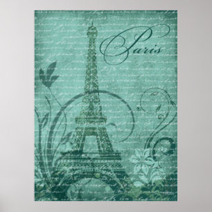 Póster Torre Eiffel Fleur de París 30 "x40" verde azulado