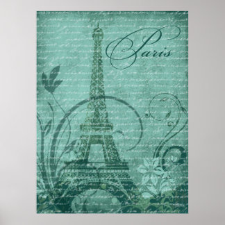 Póster Torre Eiffel Fleur de París 30 "x40" verde azulado
