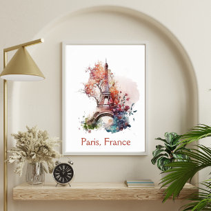 Póster Torre Eiffel Flor Floral Acuarela París Francia
