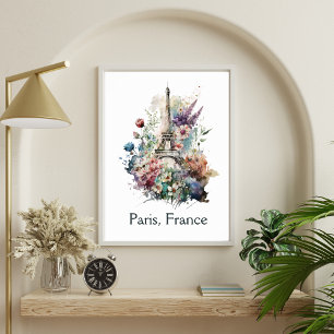 Póster Torre Eiffel Flor Floral Acuarela París Francia