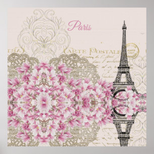 Póster Torre Eiffel, Magnolia Rosa de París