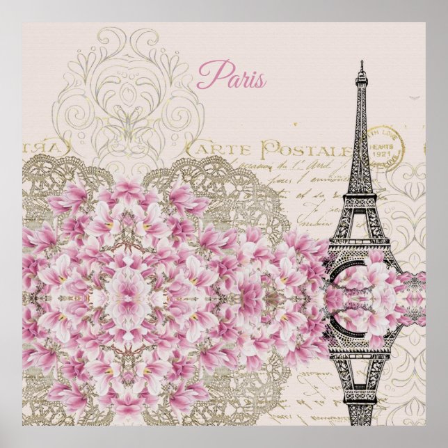 Póster Torre Eiffel, Magnolia Rosa de París (Frente)