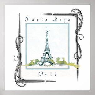 Póster Torre Eiffel Paris Watercolor frontera victoriana