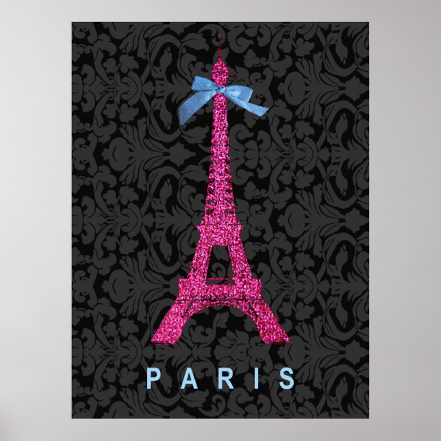 Póster Torre Eiffel Rosa en falso purpurina (Frente)