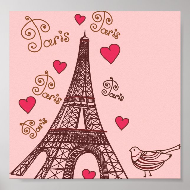 Póster Torre Eiffel y corazón en rosa (Frente)