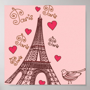 Póster Torre Eiffel y corazones en rosa