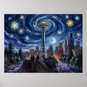 Póster Torre Espacial de Seattle Bajo Noche Estrellada