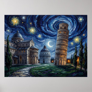 Póster Torre inclinada de Pisa bajo un cielo de Van Gogh