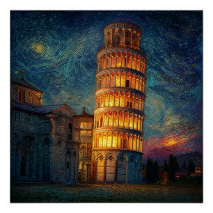 Póster Torre inclinada de Pisa de noche