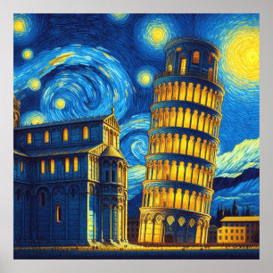 Póster Torre inclinada de Pisa Noche estrellada Italia