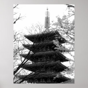 Póster Torre japonesa en blanco y negro