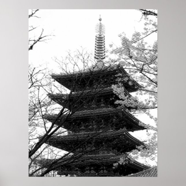 Póster Torre japonesa en blanco y negro (Frente)